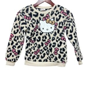 Hello Kitty Girls Sweatshirt 8/10 Leopard Print Fuzzy Pullover Sequin Bow‎ Cozy